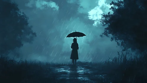 Quiet figure under rain finds calm in a misty blue forest