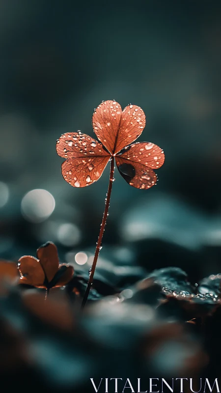 Copper clover listens to raindrop secrets in dusk bokeh glow
