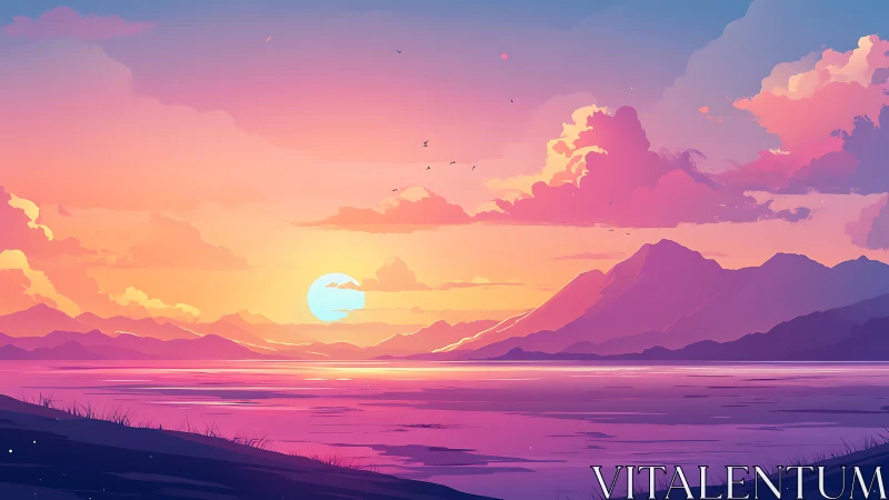 Vibrant digital sunset over tranquil lake and peaks.