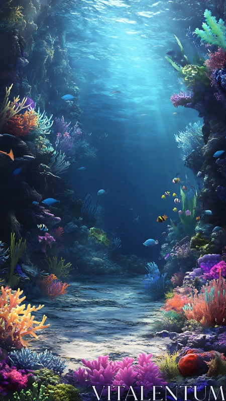 Radiant coral canyon with volumetric light shafts underwater.