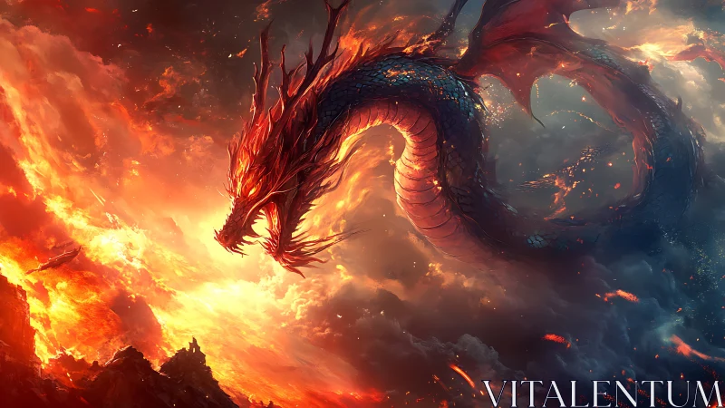 Serpentine dragon form above volcanic terrain at dusk.