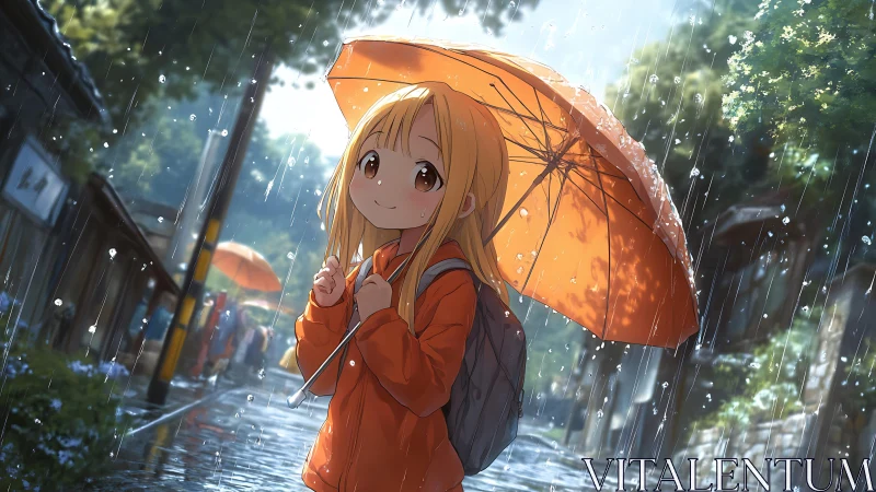 Young girl with orange umbrella walking in rainy street.