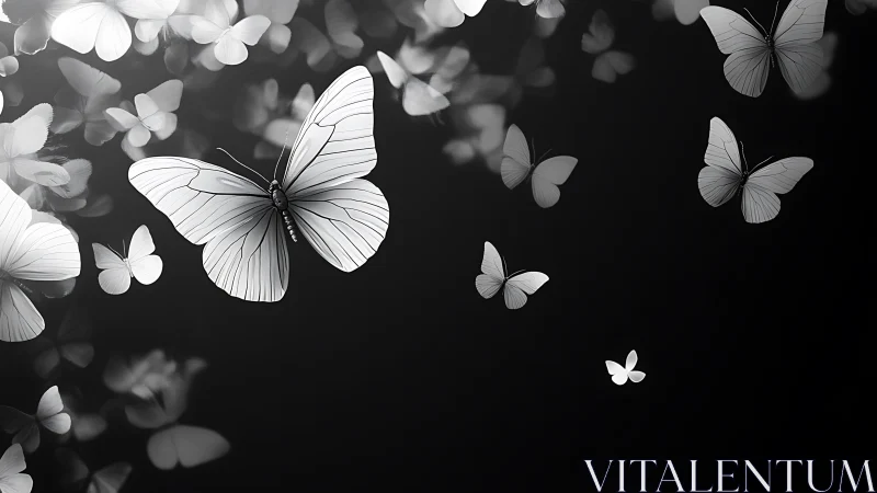 Monochrome butterflies rendered with shallow depth and soft bokeh