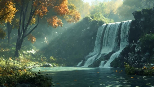 Sunlit autumn waterfall in misty forest glade environment.
