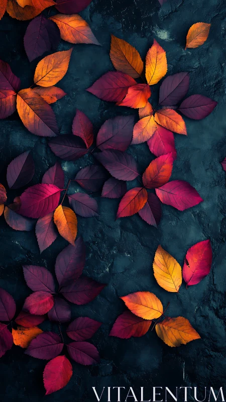 Glowing autumn leaves rest gently on deep stone textures