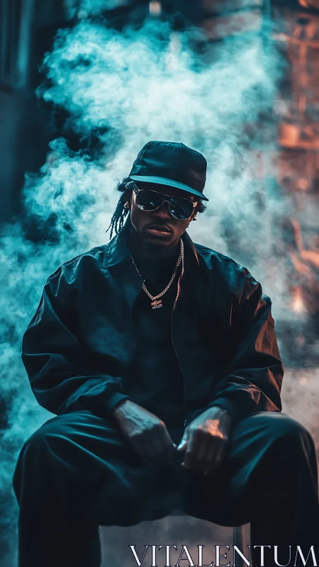 Moody urban portrait uses teal-orange smoke and low-key lighting