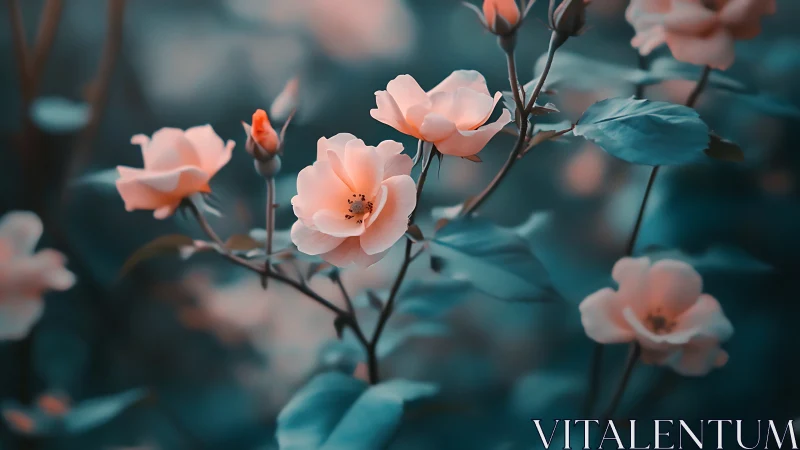 Delicate Peach Roses Bloom Against Teal Garden Backdrop.