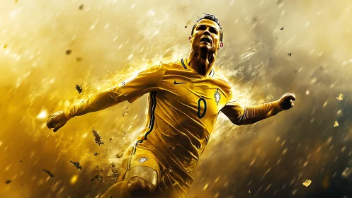 Dynamic soccer forward in explosive golden digital painting.
