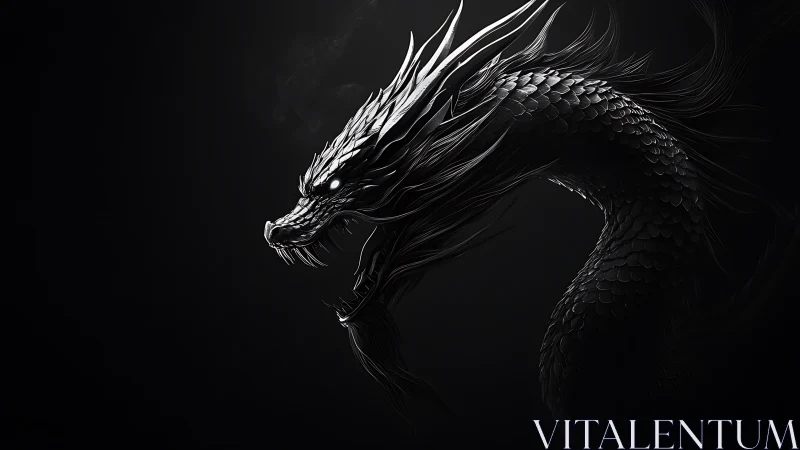 Monochrome serpentine dragon with specular scales in darkness