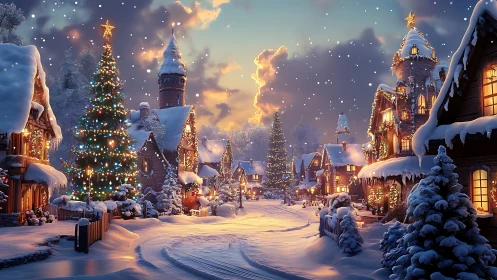 Snow covered village street with decorated Christmas trees.