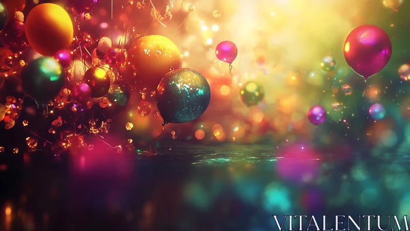 Colorful party balloons float in glowing festive light.