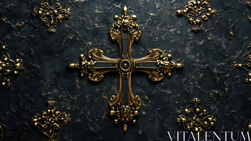 Ornate gold cross lies centered on dark textured stone