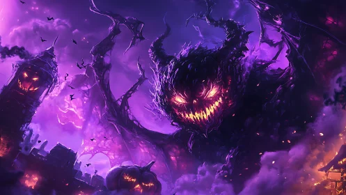 Midnight pumpkin fiend rises over a haunted neon sky.