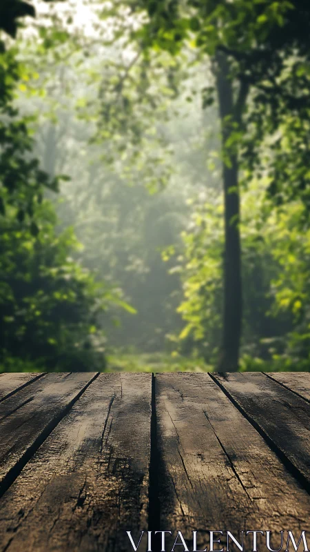 Weathered wooden deck overlooks misty forest path.