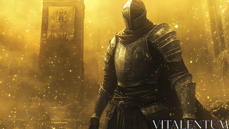 Armored knight stands in golden battlefield haze and embers