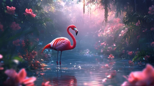 Digital painting of flamingo in luminous tropical garden stream.