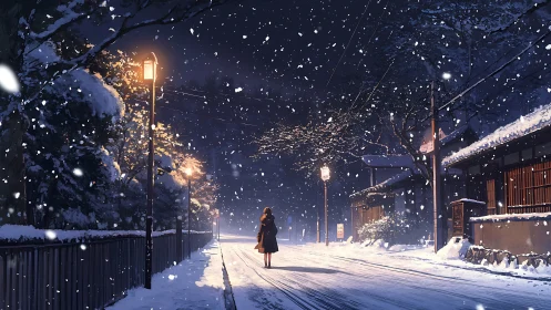 Nocturnal snowfall corridor with solitary pedestrian silhouette.