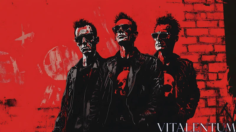 Trio of leather clad figures on stark red wall background.