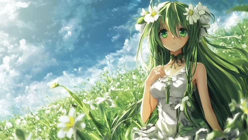 Green-haired meadow muse under bright summer skies.