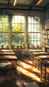 Sunlit empty classroom with lush window plants at dusk.