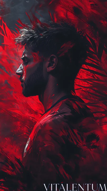 Male profile in crimson motion with dynamic painterly strokes.