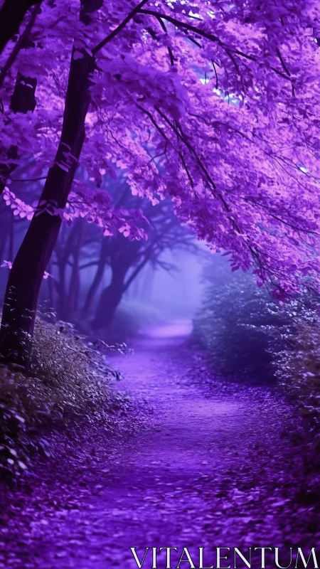Pathway traverses dense violet forest with overhanging trees