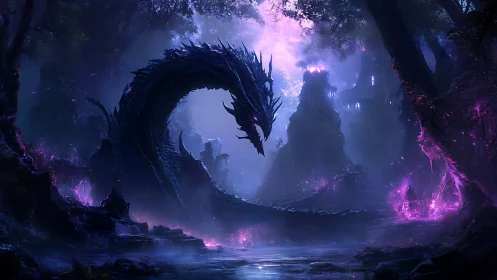 Shadow serpent guards glowing ruins in enchanted forest.