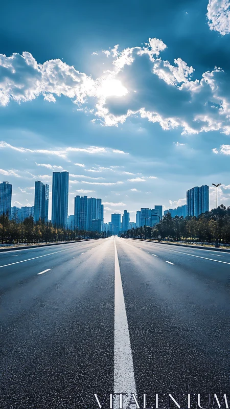 Empty city avenue stretches toward skyline under bright sun.