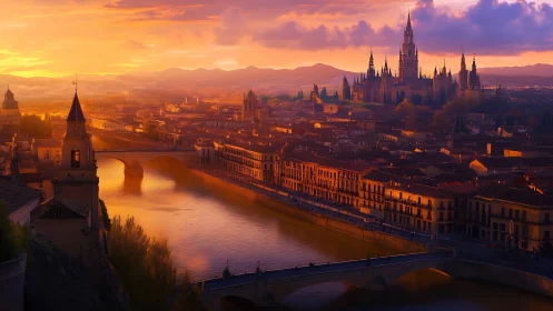 Sunset-illuminated riverside cityscape renders neo-gothic skyline