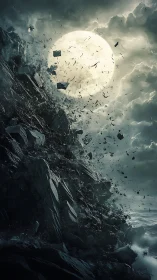 Moonlit cliffside shatters into stormlit celestial debris.