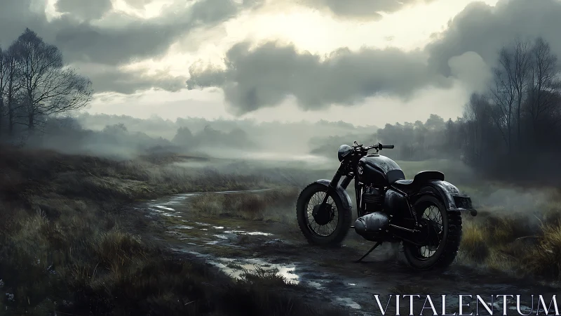 Solitary vintage motorcycle waits on misty country track