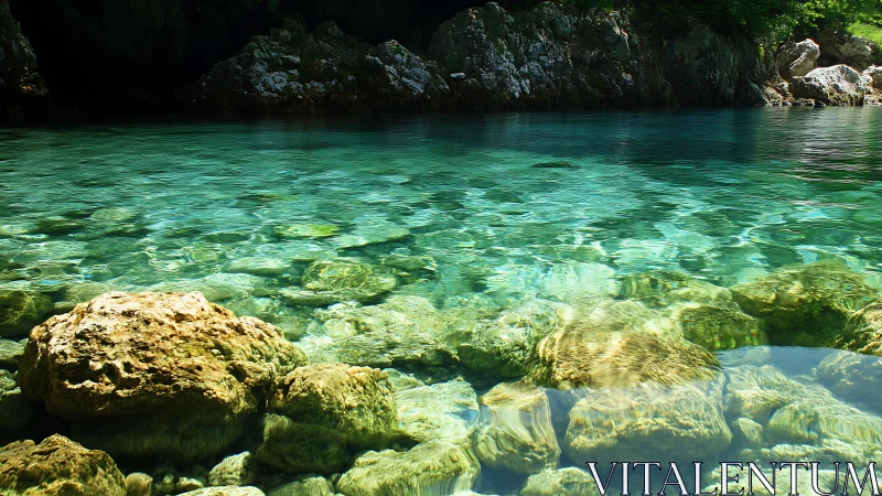 Clear turquoise water over rocks near shaded rocky shore.