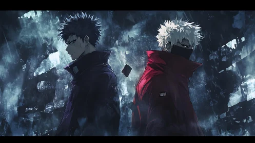 Two anime fighters stand back to back in a dark ruined city