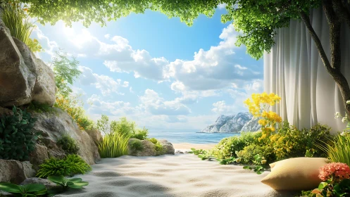 Sunlit cove lounge with dreamy seaside garden hush.