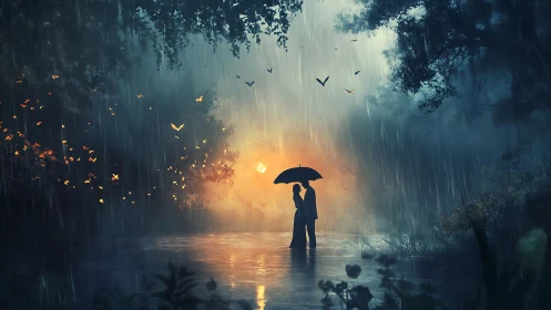 Silhouetted Couple Under Umbrella in Cinematic Rainstorm.