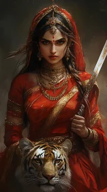Warrior goddess in red stands with regal tiger guardian.