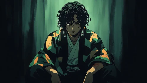 Seated male figure in patterned robe under dim green light.