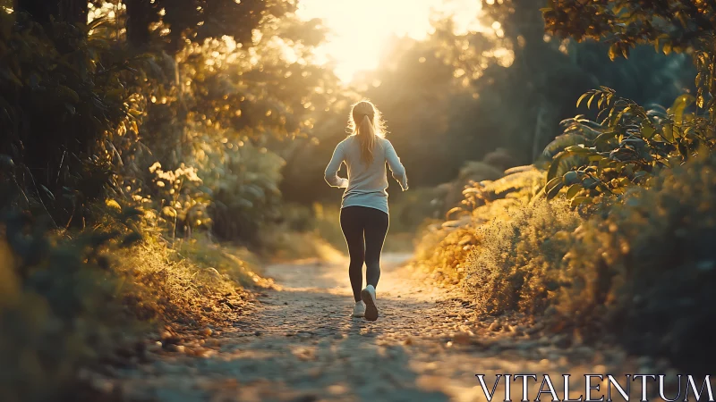 Backlit runner on forest path rendered in warm photoreal light