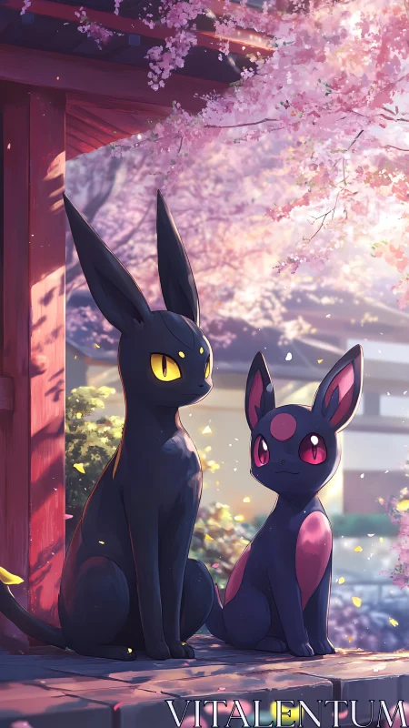 Black feline creatures under cherry blossoms at shrine.