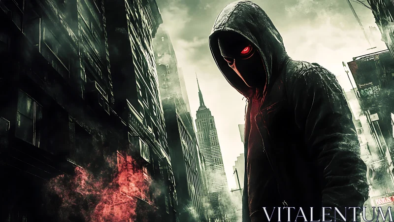 Hooded masked figure with red glowing eyes dominates desaturated cityscape