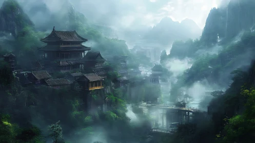 Misty mountain temple city with layered bridges and forests.