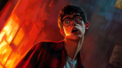 Cinematic close-up of shocked youth under harsh bicolor lighting