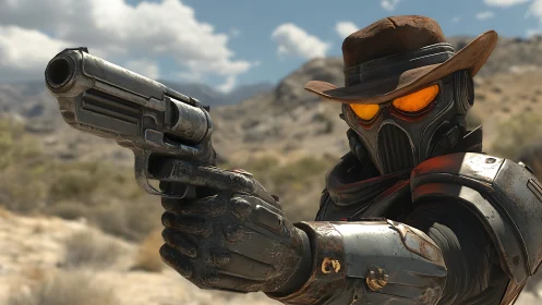 Dustborn android gunslinger aims down burning horizon.