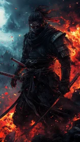 Blade-wreathed shadow warrior strides through molten dusk.
