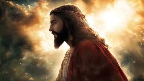 Profile of robed bearded figure against radiant sky backdrop.