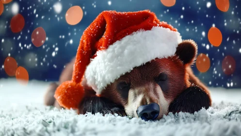 Snowy slumbering bear in oversized Santa hat dreamland.