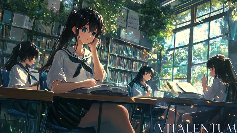 Anime students study in sunlit library with dynamic lighting effects
