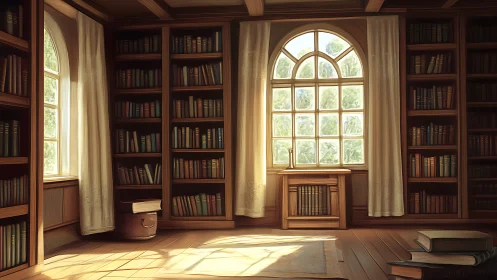 Sunlit private library with arched window and wood shelves.