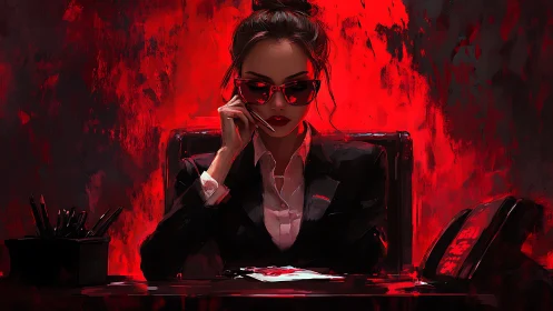 Corporate femme fatale at red-lit desk with phone headset