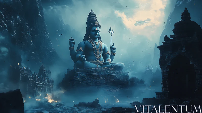 Monumental blue deity statue dominates mist-laden mountain ruins